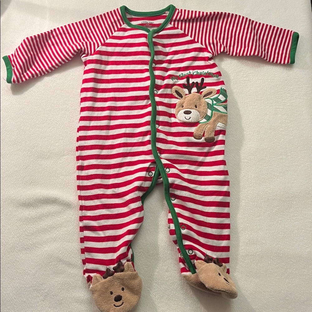 Little Me Red and Green Striped Reindeer Footie